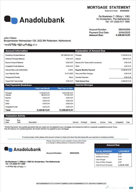 Download Netherlands Anadolubank Nederland mortgage statement Word and PDF template Photoshop template